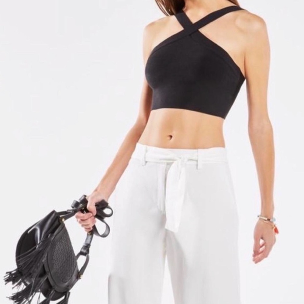 BCBGMAXAZRIA Jayla Black Crossover Halter Crop Top | Size XS